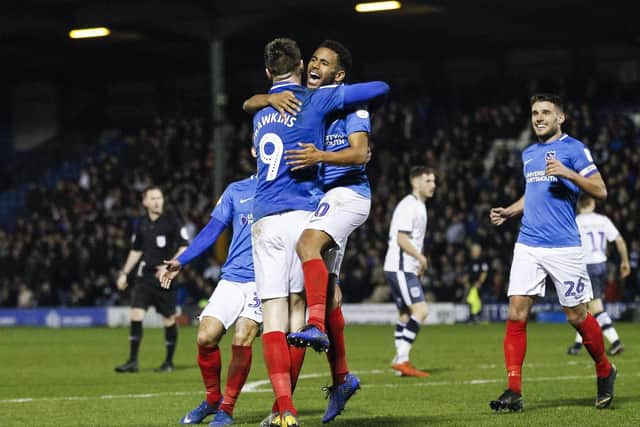 Oli Hawkins celebrates doubling Pompey's lead at Bury. Picture: Daniel Chesterton/phcimages.com