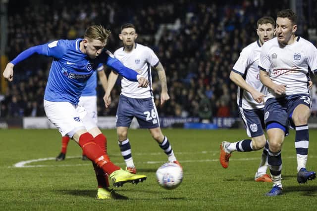 Ronan Curtis fires home Pompey's third goal at Bury. Picture: Daniel Chesterton/phcimages.com