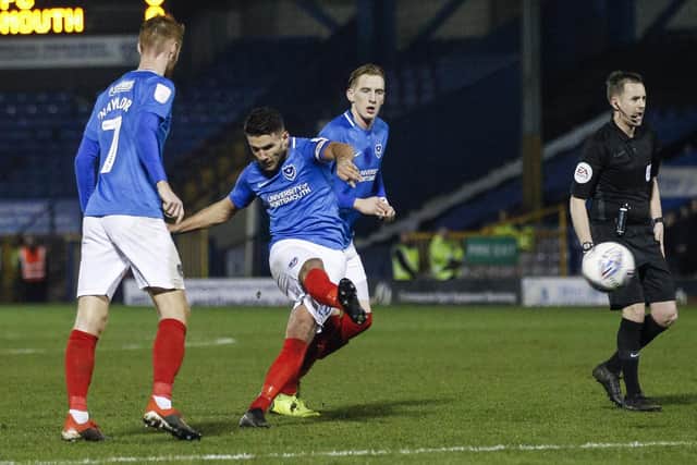 Gareth Evans opens the scoring at Gigg Lane. Picture: Daniel Chesterton/phcimages.com