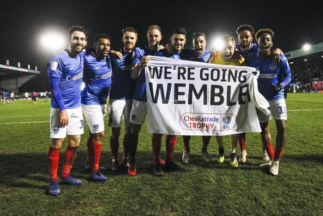 Pompey celebrate booking their date with Wembley following last night's 3-0 Checkatrade Trophy success at Bury. Picture: Daniel Chesterton/phcimages.com