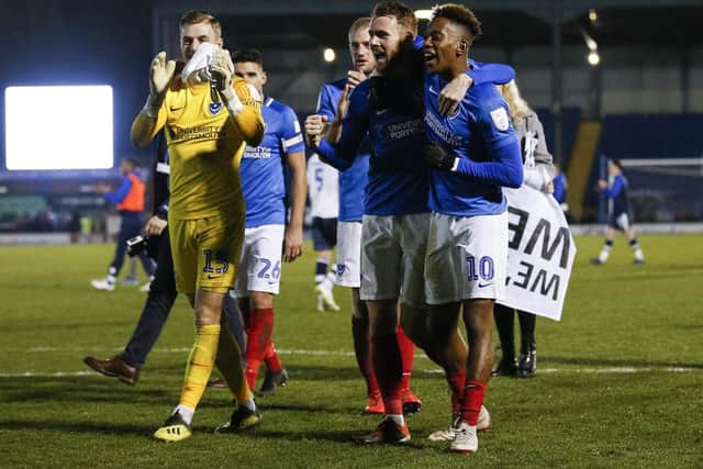 Pompey celebrate their victory at Bury. Picture: Daniel Chesterton/phcimages.com)