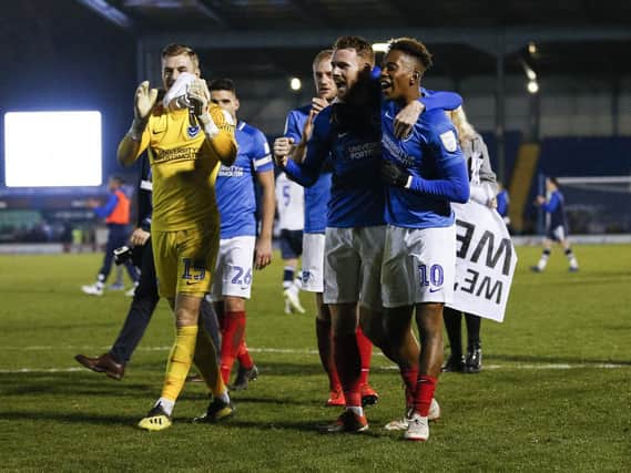 Pompey celebrate their victory at Bury. Picture: Daniel Chesterton/phcimages.com)
