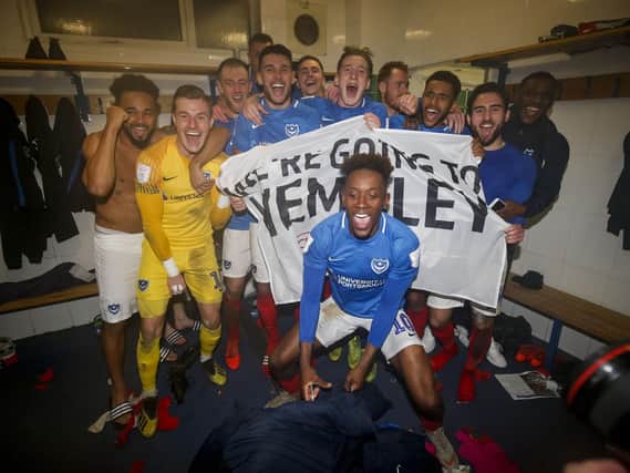 Pompey celebrate making the Checkatrade Trophy final. Photo by Daniel Chesterton/phcimages.com