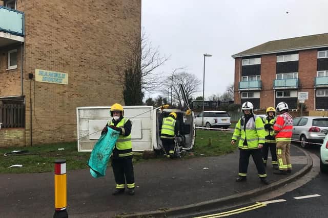 Emergency services at the scene of overturned vehicle in Fareham. Picture: Hants Road Policing/ Twitter