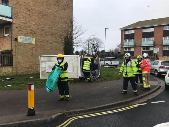 Emergency services at the scene of overturned vehicle in Fareham. Picture: Hants Road Policing/ Twitter