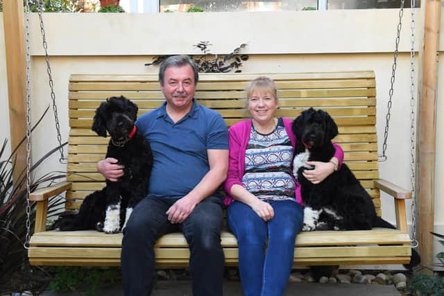 Dave and Jane Endean of'Mum & Dad's Kitchen taking a short break with two of the family dogs 
Picture: Malcolm Wells (190227-4494)