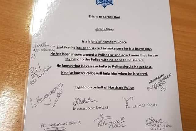 Certificate given to James by officers to say he is a "friend" of Horsham Police. Picture: Family handout/Sussex Police/PA Wire
