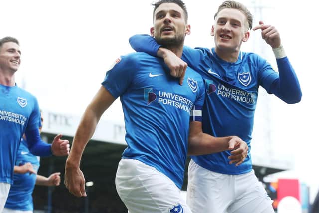 Gareth Evans and Ronan Curtis celebrate Pompey's opener
