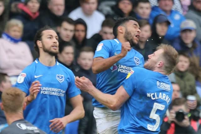 Nathan Thompson's teeth are knocked out during the collision with Matt Clarke. Picture: Simon Hill, Portsmouth Football Club/Pompey Press Photographer