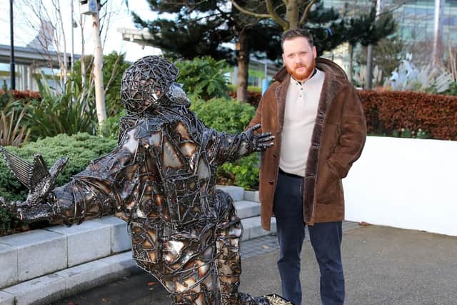 Sculpture Alfie Bradley with the D-Day Soldiers of Sacrifice statue: Stephen Crawshaw/PA Wire