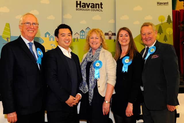 From left, councillor David Guest, Havant MP Alan Mak, councillor Lulu Bowerman, councillor Joanne Thomas and ex Havant Borough Council leader Michael Cheshire at Havant Leisure Centre on the night of the 2016 local elections. Picture: Malcolm Wells (160506-4470)