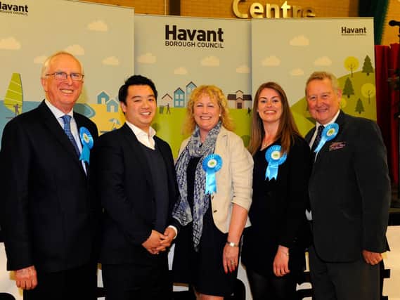 From left, councillor David Guest, Havant MP Alan Mak, councillor Lulu Bowerman, councillor Joanne Thomas and ex Havant Borough Council leader Michael Cheshire at Havant Leisure Centre on the night of the 2016 local elections. Picture: Malcolm Wells (160506-4470)