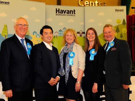From left, councillor David Guest, Havant MP Alan Mak, councillor Lulu Bowerman, councillor Joanne Thomas and ex Havant Borough Council leader Michael Cheshire at Havant Leisure Centre on the night of the 2016 local elections. Picture: Malcolm Wells (160506-4470)