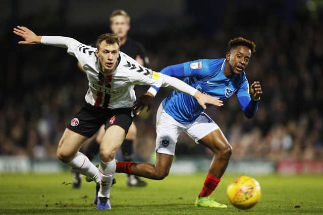 Jamal Lowe in action for Pompey in the loss to Charlton in December. Picture: Joe Pepler