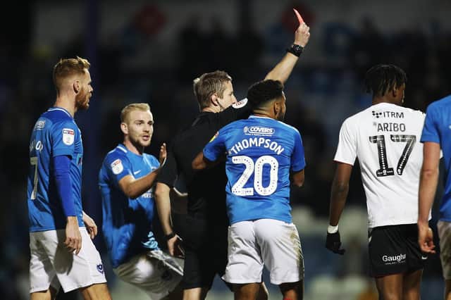 Ben Thompson was shown a straight red card when Pompey lost 2-1 to Charlton in December. Picture: Joe Pepler