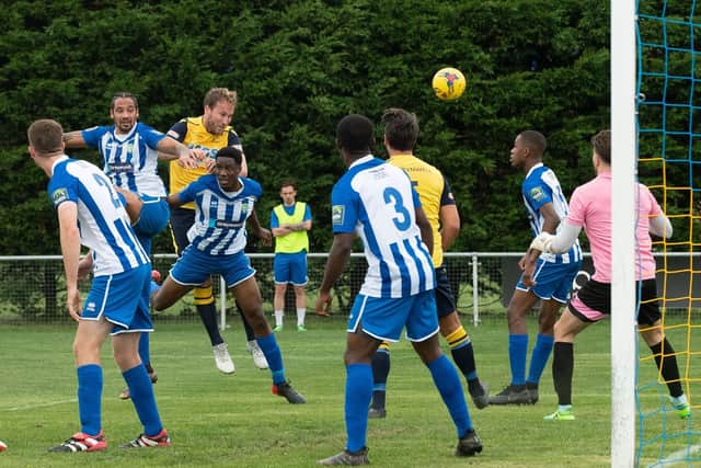 Sam Pearce scored a superb header for Moneyfields. Picture: Keith Woodland