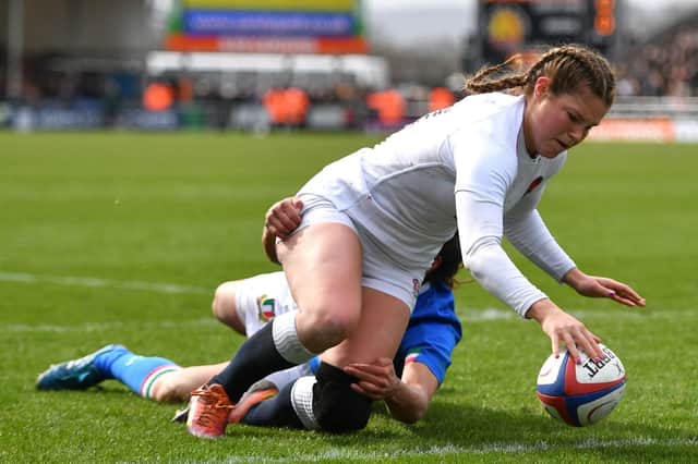 Jess Breach scores the first try of England's Women's Six Nations win over Italy at Sandy Park in Exeter