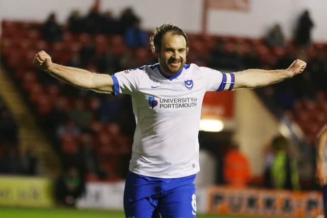 Brett Pitman celebrates putting Pompey in front from the penalty spot Picture: Joe Pepler