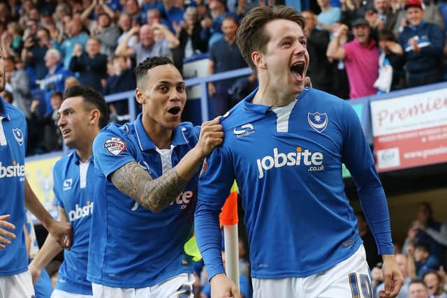 Marc McNulty celebrates scoring Pompey's opener against Plymouth in the League Two play-off semi-final first leg in May 2016. Picture: Joe Pepler