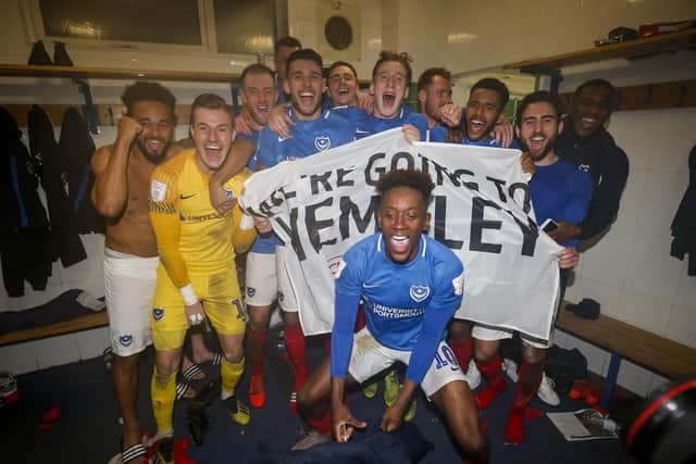 Pompey players celebrate after reaching the Checkatrade Trophy final. Picture: Daniel Chesterton/phcimages.com/PinPep