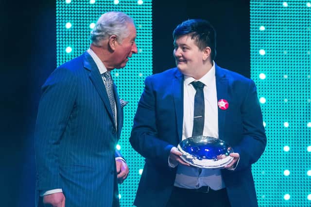 The Prince of Wales with winner of the Educational Award Jay Kelly on stage at the annual Prince's Trust Awards at the London Palladium.  Picture: Dominic Lipinski/PA Wire