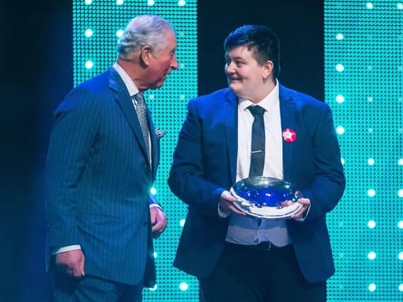 The Prince of Wales with winner of the Educational Award Jay Kelly on stage at the annual Prince's Trust Awards at the London Palladium.  Picture: Dominic Lipinski/PA Wire