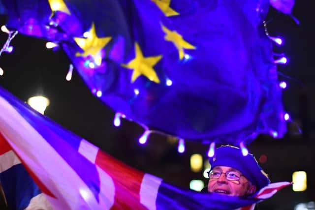 A demonstrator on College Green in Westminster, London after MPs have supported the amended Government motion which rejects a no-deal Brexit at any time and under any circumstances by 321 votes to 278, majority 43. Picture: Victoria Jones/PA Wire
