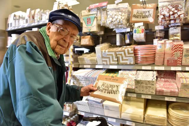 Bob Weighton shops for party supplies at his local Waitrose in preparation for his 111th birthday this year. Picture: Morten Watkins/Solent News & Pho