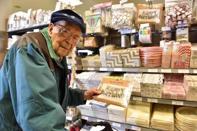 Bob Weighton shops for party supplies at his local Waitrose in preparation for his 111th birthday this year. Picture: Morten Watkins/Solent News & Pho