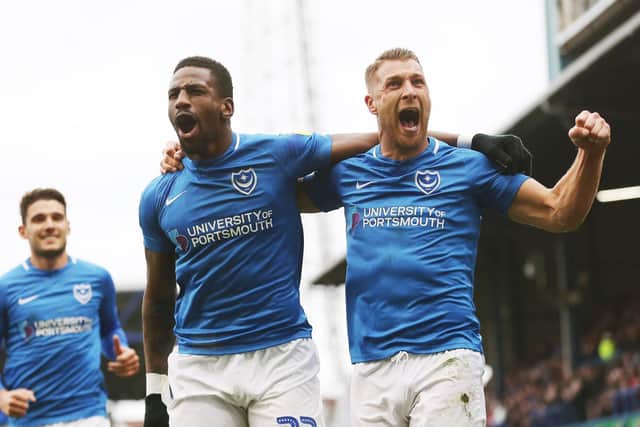 Portsmouths Omar Bogle scores his first goal of the match during the Sky Bet League 1 match between Portsmouth and Scunthorpe United at Fratton Park, Portsmouth, England on 16 March 2019. Photo by Joe Pepler/Digital South.