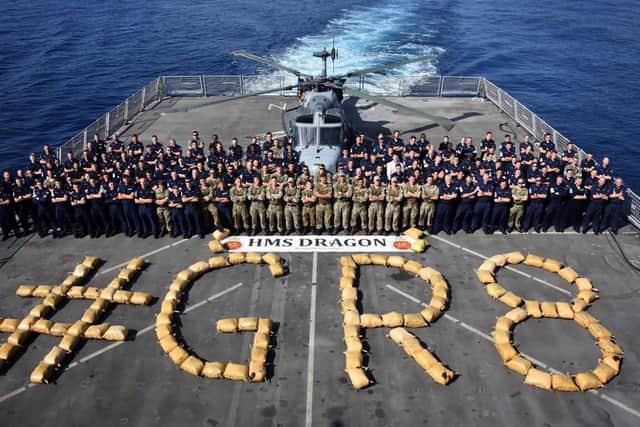 Days after sailing into the record books for delivering the most successful Royal Naval counter narcotics patrol in Op Kipion history, HMS Dragon strikes again with her eighth drugs bust. This haul alone saw Dragon seize and destroy 2,540Kg of hash.