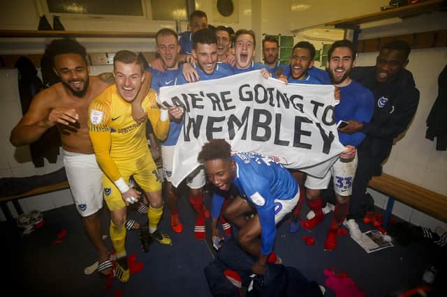 Pompey celebrate after securing a Wembley date. Picture: Daniel Chesterton/phcimages.com/PinPep)