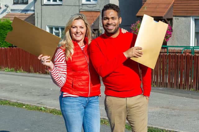 Peoples Postcode Lottery ambassadors Judie McCourt and Danyl Johnson will be knocking on doors on the day to present winners with their cheques. Photo: Darren Casey/DCimaging