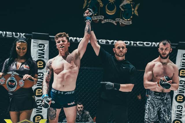Kye Stevens celebrates winning the Shock N Awe amateur welterweight title. Picture: Mat Rydzik/ Shock N Awe