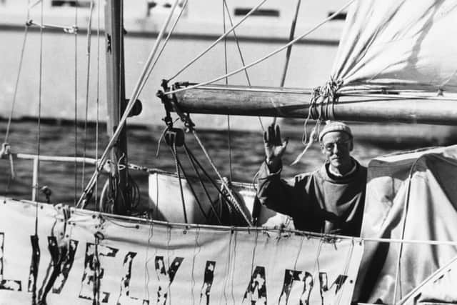 Businessman and sailor Alec Rose waving from his boat 'Lively Lady' as he arrives at Plymouth following a 28500 mile round-the-world voyage, England, July 4th 1968. (Photo by Dennis Oulds/Central Press/Getty Images)
