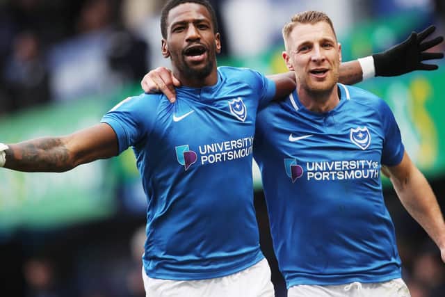 Omar Bogle celebrates his goal against Scunthorpe with Lee Brown. Picture: Joe Pepler