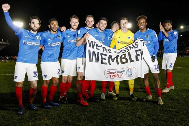Pompey celebrate reaching the Checkatrade Trophy final after defeating Bury. Picture: Daniel Chesterton/phcimages.com