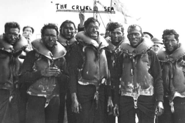 Here we see the German survivors from the sunken U boat. Gordon Walwyn is third from the right marked by an X. Courtesy of STUDIOCANAL Films Ltd.