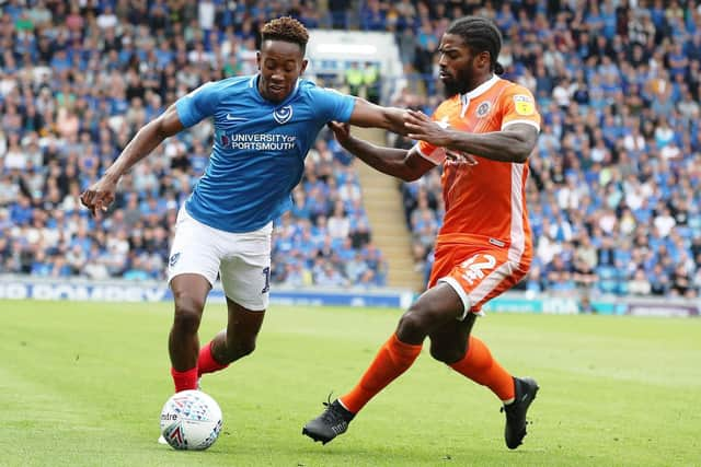 Jamal Lowe in action against Shrewsbury at Fratton Park. Picture: Joe Pepler