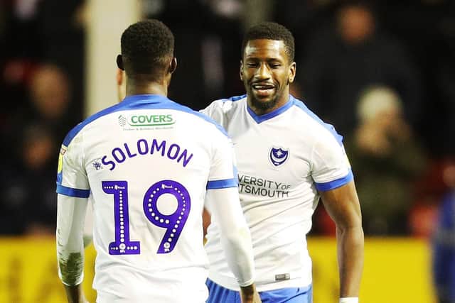Omar Bogle celebrates scoring at Walsall with Viv Solomon-Otabor. Picture: Joe Pepler