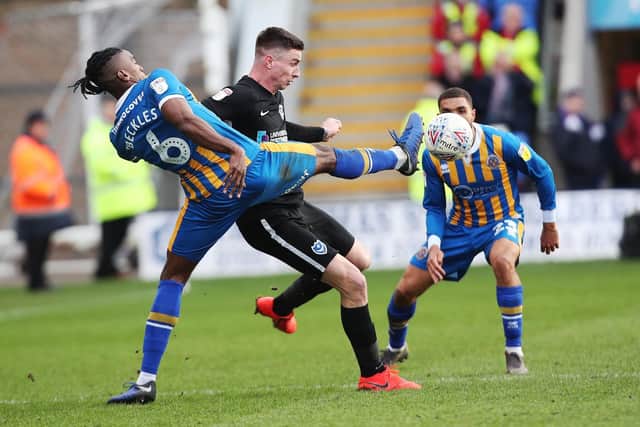 Oli Hawkins caused plenty of problems when he came on at Shrewsbury. Picture: Joe Pepler