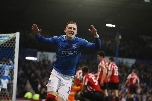 Ronan Curtis celebrates scoring against Sunderland at Fratton Park in December. Picture: Joe Pepler