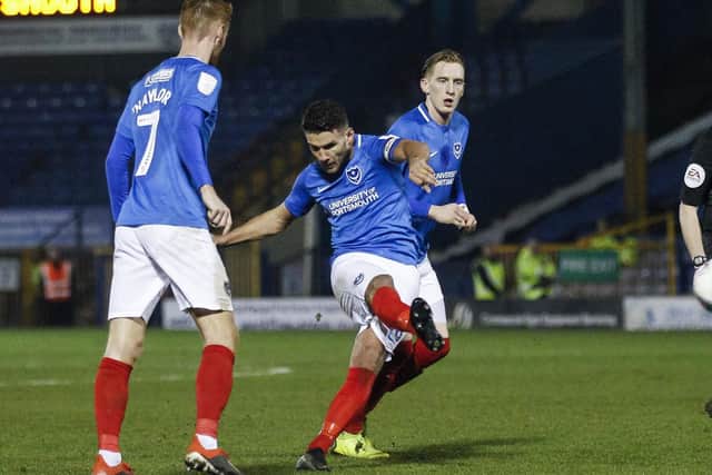 Gareth Evans' free-kick broke the deadlock against Bury in the 3-0 semi-final victory at Gigg Lane. Picture: Daniel Chesterton/phcimages.com/PinPep
