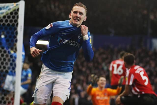 Ronan Curtis celebrates scoring against Sunderland at Fratton Park. Picture: Joe Pepler