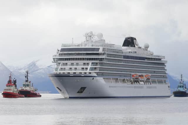 The cruise ship Viking Sky arrives at port off Molde, Norway after the problems in heavy seas off Norway's western coast. Rescue helicopters took more than 475 passengers from a cruise ship that got stranded off Norway's western coast in bad weather before the vessel departed for a nearby port under escort and with nearly 900 people still on board, the ship's owner said Sunday. Picture: Svein Ove Ekornesvag/NTB scanpix via AP.