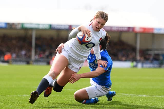 Jess Breach, of England, crosses to score their first try during the Women's Six Nations match between England and Italy at Sandy Park in Exeter. Picture: Harry Trump/Getty Images