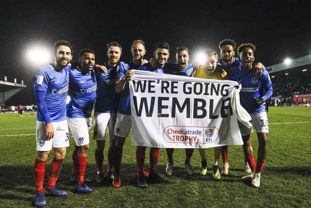 Pompey celebrate the Checkatrade Trophy semi-final win over Bury. Picture by Daniel Chesterton/phcimages.com/PinPep)