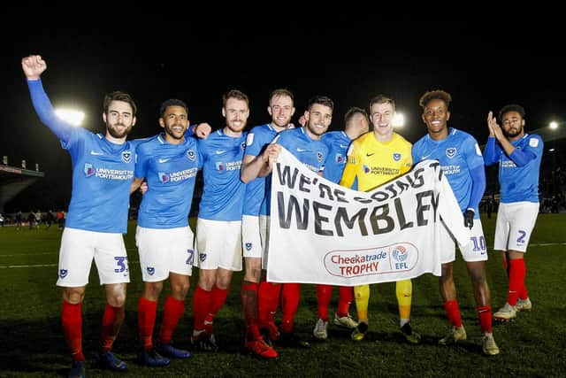 Pompey celebrate reaching Wembley after seeing off Bury. Picture by Daniel Chesterton/phcimages.com/PinPep