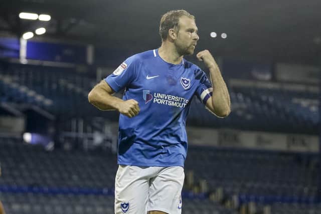 Brett Pitman celebrates scoring against Gillingham in this season's Checkatrade Trophy Picture: Robin Jones/Digital South