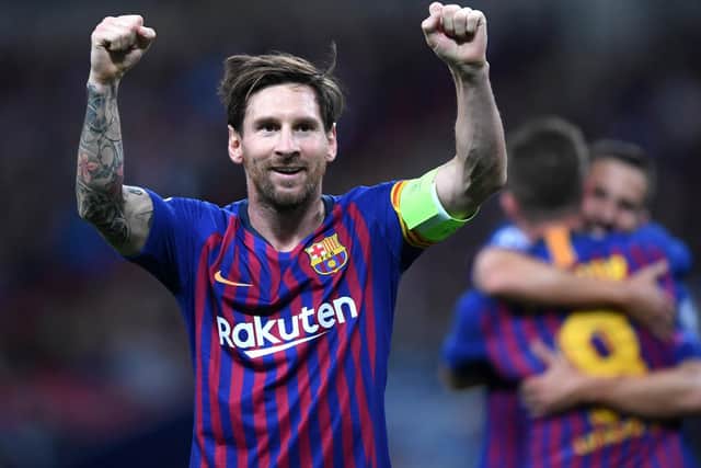 Lionel Messi celebrates scoring for Barcelona against Spurs in this year's Champions League Group B match at Wembley Picture: Laurence Griffiths/Getty Images